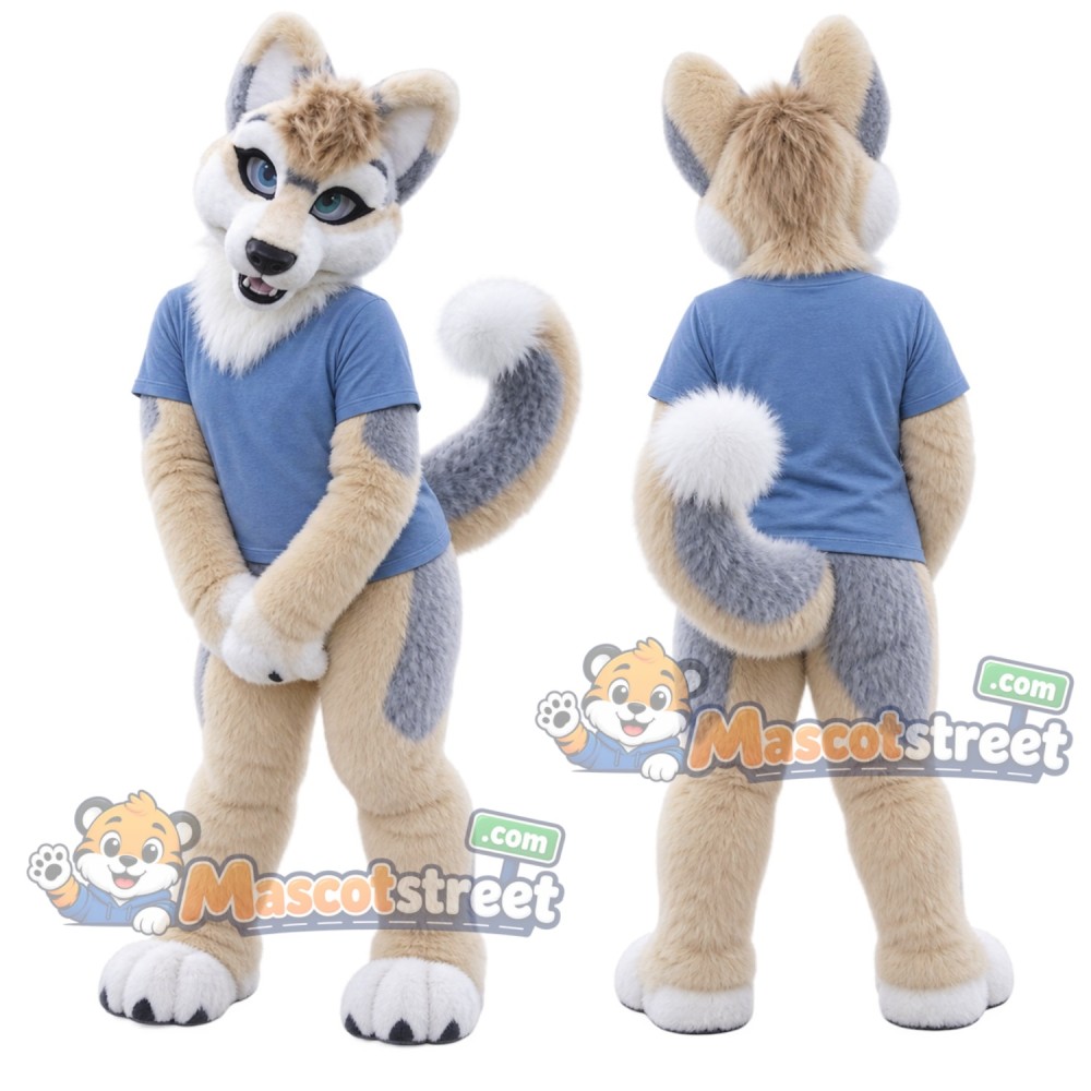 Tan and White Canine Mascot Costume with Blue Shirt Tan and White Canine Mascot Costume with Blue Shirt