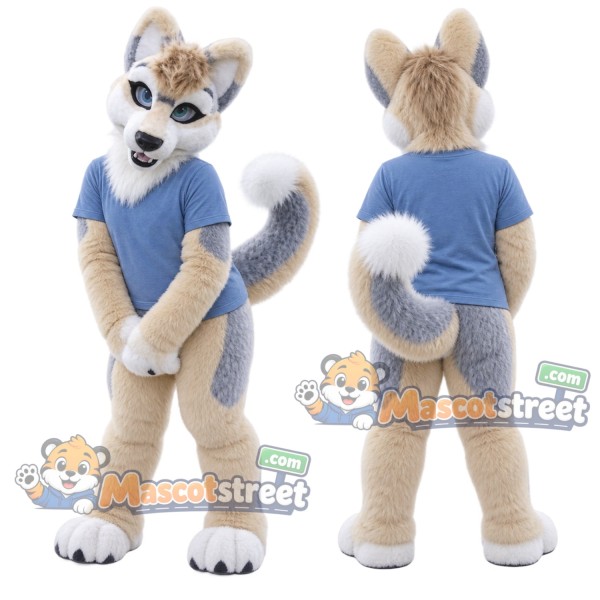 Tan and White Canine Mascot Costume with Blue Shirt