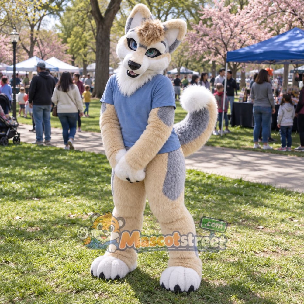Tan and White Canine Mascot Costume with Blue Shirt Tan and White Canine Mascot Costume with Blue Shirt