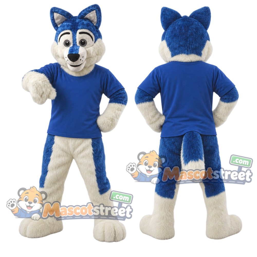 Blue Wolf Mascot Costume with Blue Shirt