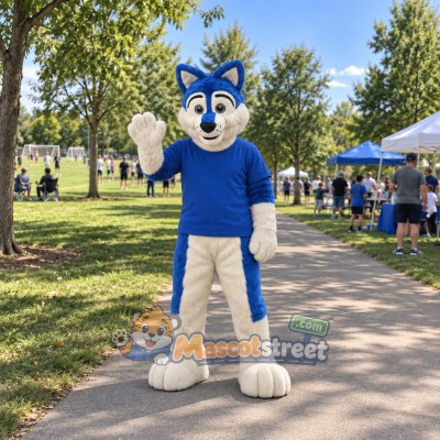 Blue Wolf Mascot Costume with Blue Shirt