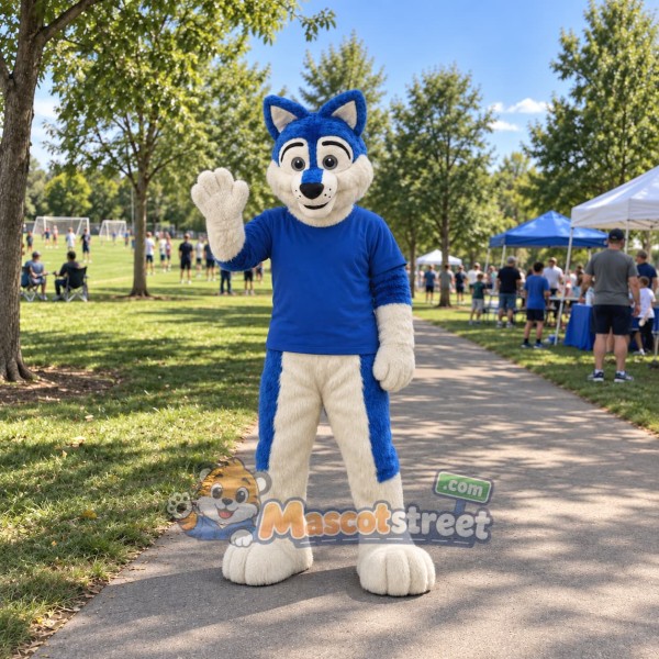Blue Wolf Mascot Costume with Blue Shirt