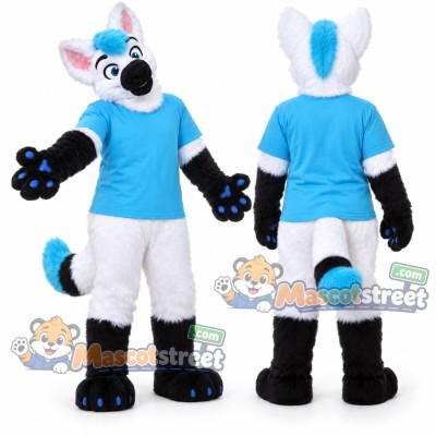 White and Blue Canine Mascot Costume with Blue Shirt White and Blue Canine Mascot Costume with Blue Shirt