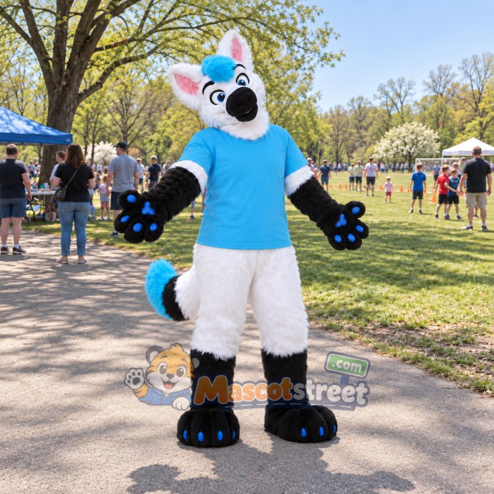 White and Blue Canine Mascot Costume with Blue Shirt White and Blue Canine Mascot Costume with Blue Shirt