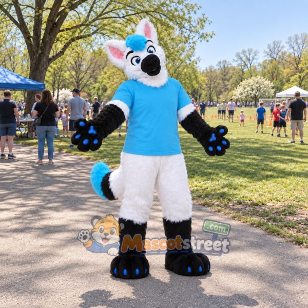 White and Blue Canine Mascot Costume with Blue Shirt White and Blue Canine Mascot Costume with Blue Shirt