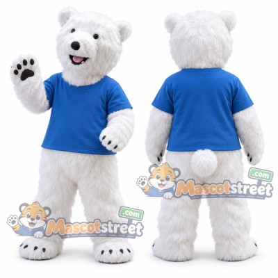 White Polar Bear Mascot Costume with Blue Shirt