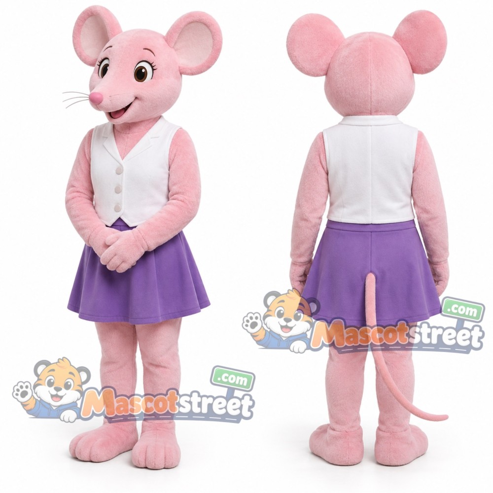 Pink Mouse Mascot Costume with White Vest and Purple Skirt