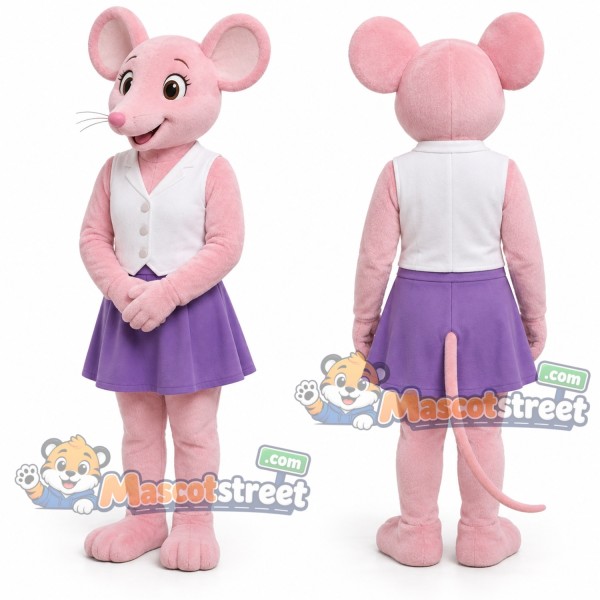 Pink Mouse Mascot Costume with White Vest and Purple Skirt