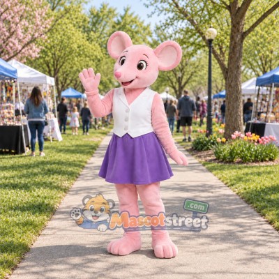 Pink Mouse Mascot Costume with White Vest and Purple Skirt