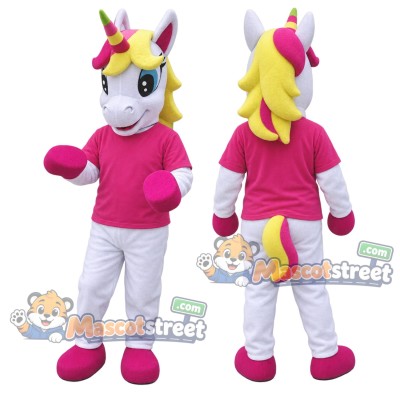 White Unicorn Mascot Costume with Pink Shirt