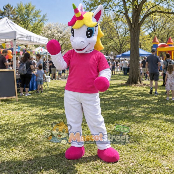 White Unicorn Mascot Costume with Pink Shirt