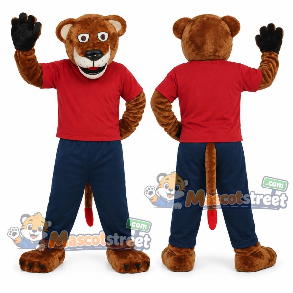 Brown Wildcat Mascot Costume with Red Shirt and Navy Trousers