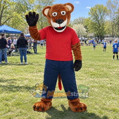 Brown Wildcat Mascot Costume with Red Shirt and Navy Trousers