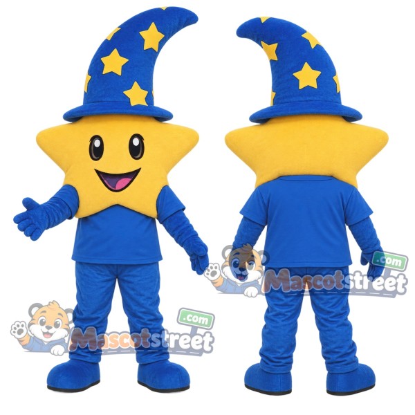 Yellow Star Mascot Costume with Blue Wizard Outfit and Star Hat