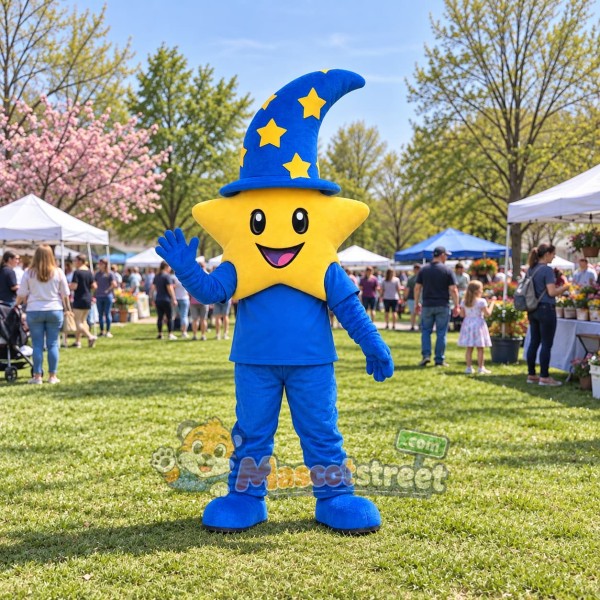 Yellow Star Mascot Costume with Blue Wizard Outfit and Star Hat