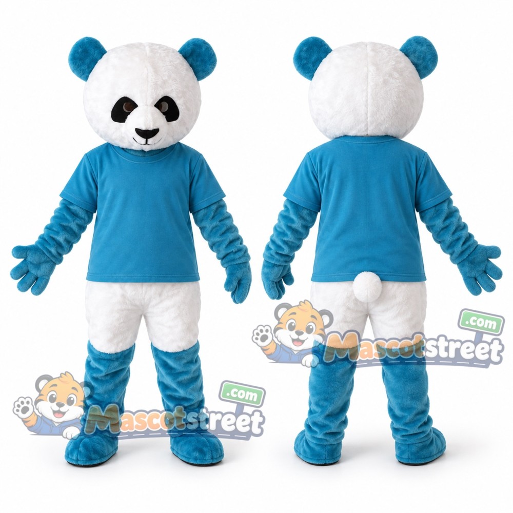 Blue and White Panda Mascot Costume with Blue Shirt Blue and White Panda Mascot Costume with Blue Shirt