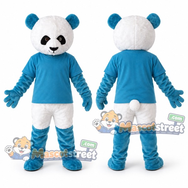 Blue and White Panda Mascot Costume with Blue Shirt