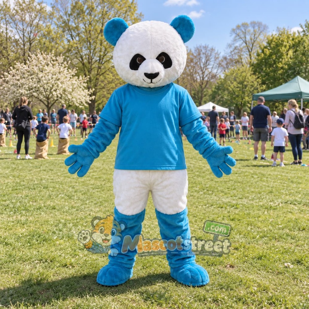 Blue and White Panda Mascot Costume with Blue Shirt Blue and White Panda Mascot Costume with Blue Shirt