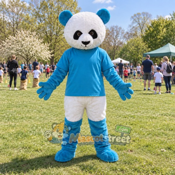 Blue and White Panda Mascot Costume with Blue Shirt