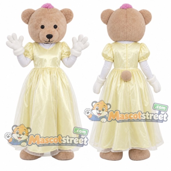 Tan Bear Mascot Costume with Yellow Gown