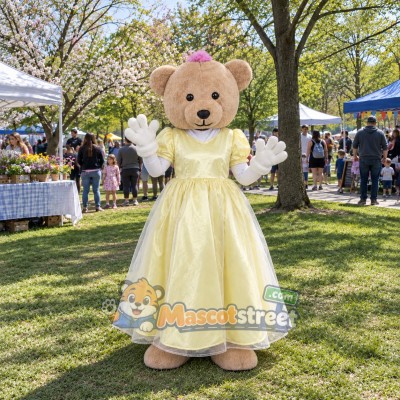 Tan Bear Mascot Costume with Yellow Gown