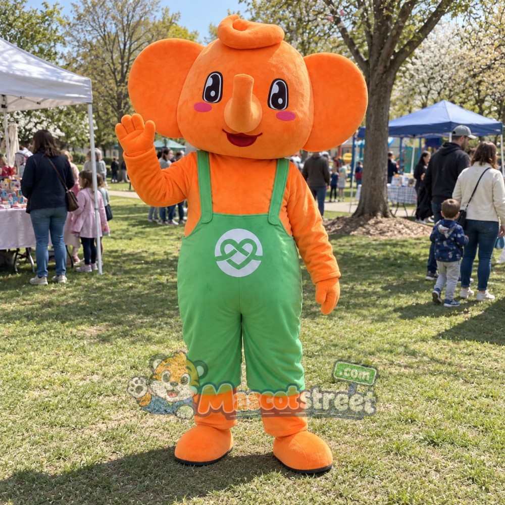 Orange Elephant Mascot Costume with Green Overalls