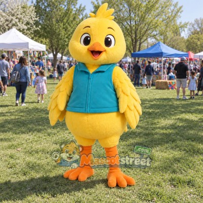 Yellow Bird Mascot Costume with Teal Vest Yellow Bird Mascot Costume with Teal Vest
