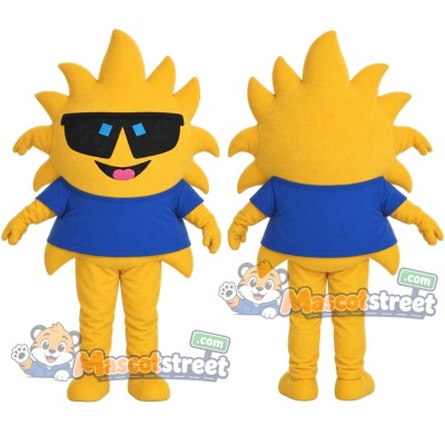 Sun Mascot Costume with Blue Shirt and Sunglasses Sun Mascot Costume with Blue Shirt and Sunglasses