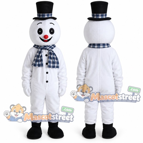 Snowman Mascot Costume with Black Top Hat and Plaid Scarf