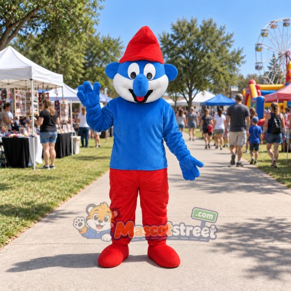Blue Elf Mascot Costume with Blue Shirt, Red Trousers and Red Hat