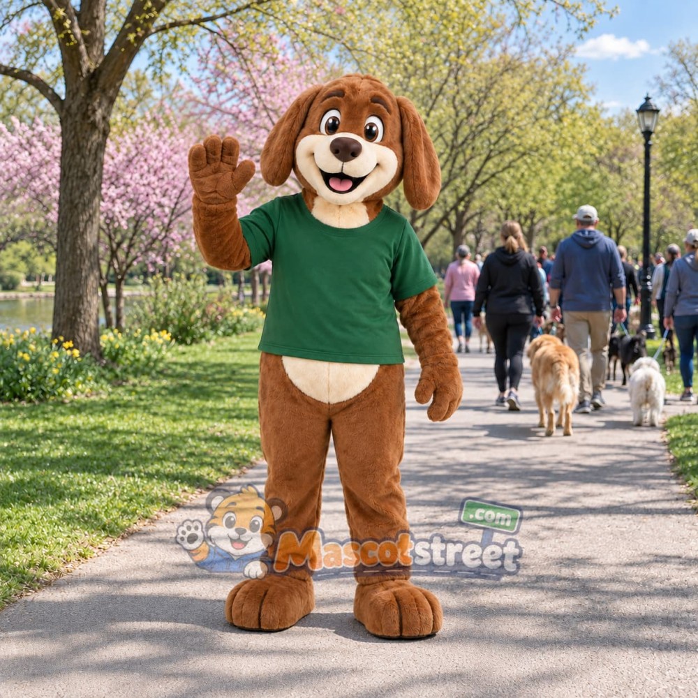 Brown Dog Mascot Costume with Green Shirt