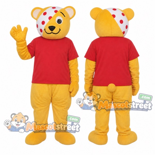 Yellow Bear Mascot Costume with Red Shirt and Polka Dot Eye Patch