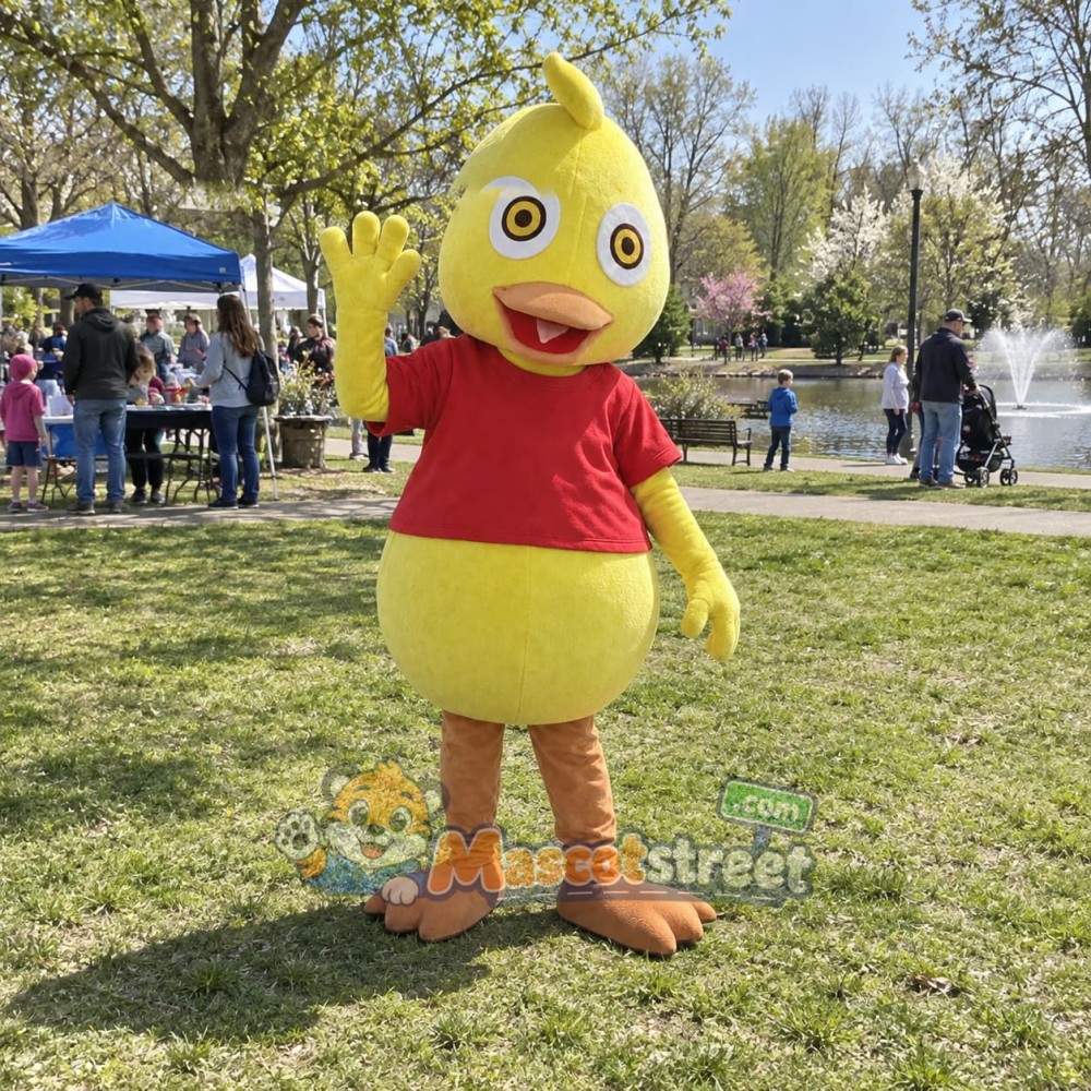 Yellow Duck Mascot Costume with Red Shirt