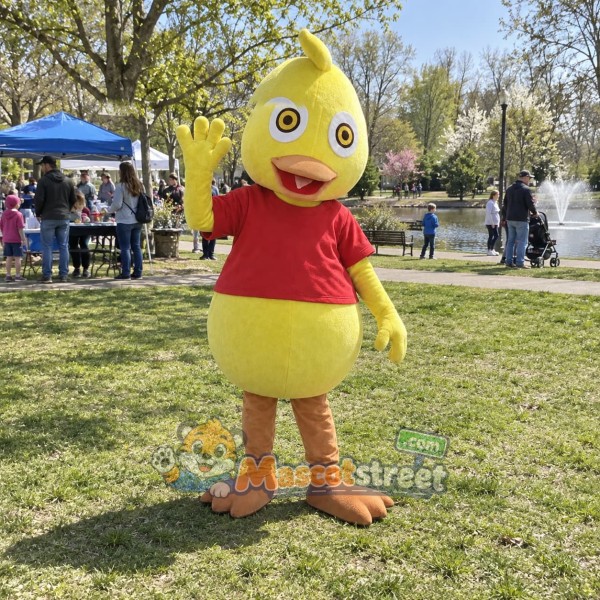 Yellow Duck Mascot Costume with Red Shirt