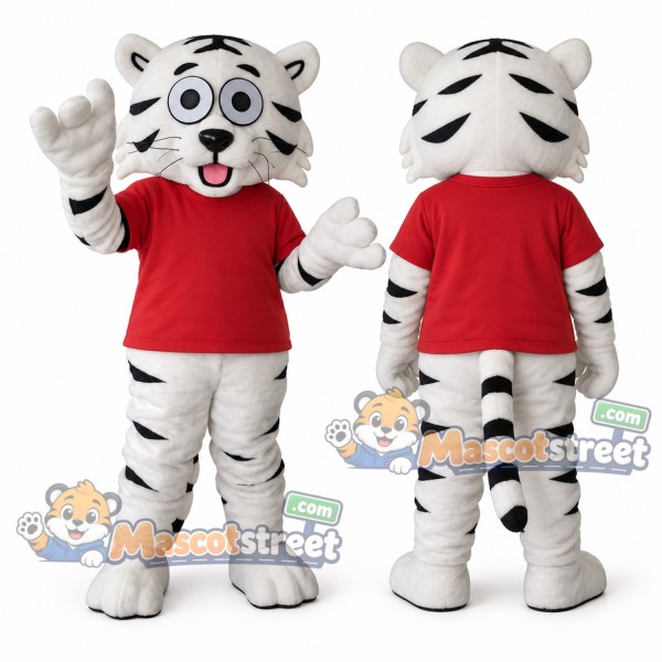 White Tiger Mascot Costume with Red Shirt