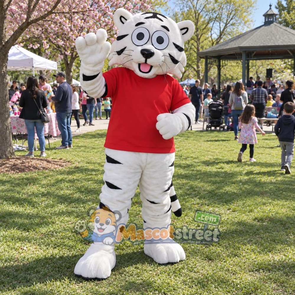 White Tiger Mascot Costume with Red Shirt White Tiger Mascot Costume with Red Shirt