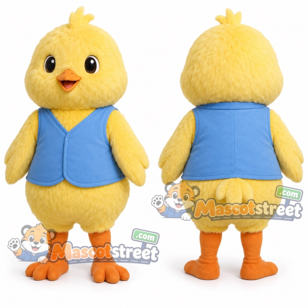 Yellow Chick Mascot Costume with Blue Vest Yellow Chick Mascot Costume with Blue Vest