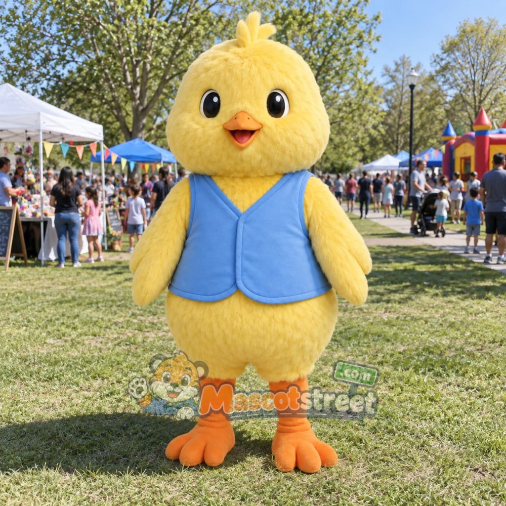 Yellow Chick Mascot Costume with Blue Vest Yellow Chick Mascot Costume with Blue Vest