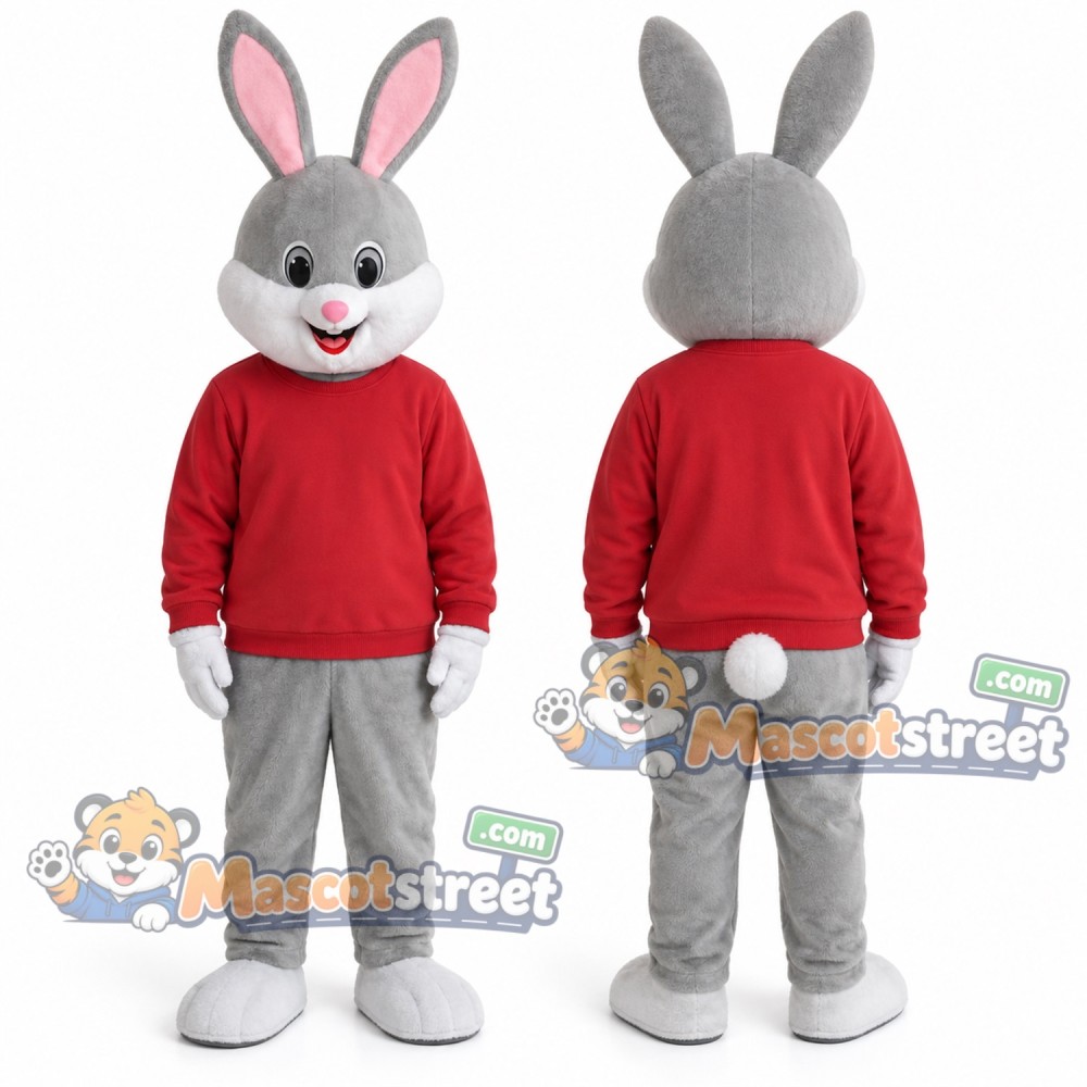 Gray Rabbit Mascot Costume with Red Sweater Gray Rabbit Mascot Costume with Red Sweater