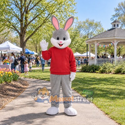 Gray Rabbit Mascot Costume with Red Sweater Gray Rabbit Mascot Costume with Red Sweater