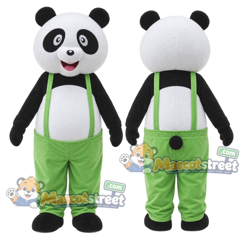 Panda Mascot Costume with Green Overalls Panda Mascot Costume with Green Overalls