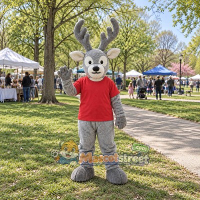 Gray Reindeer Mascot Costume with Red Shirt