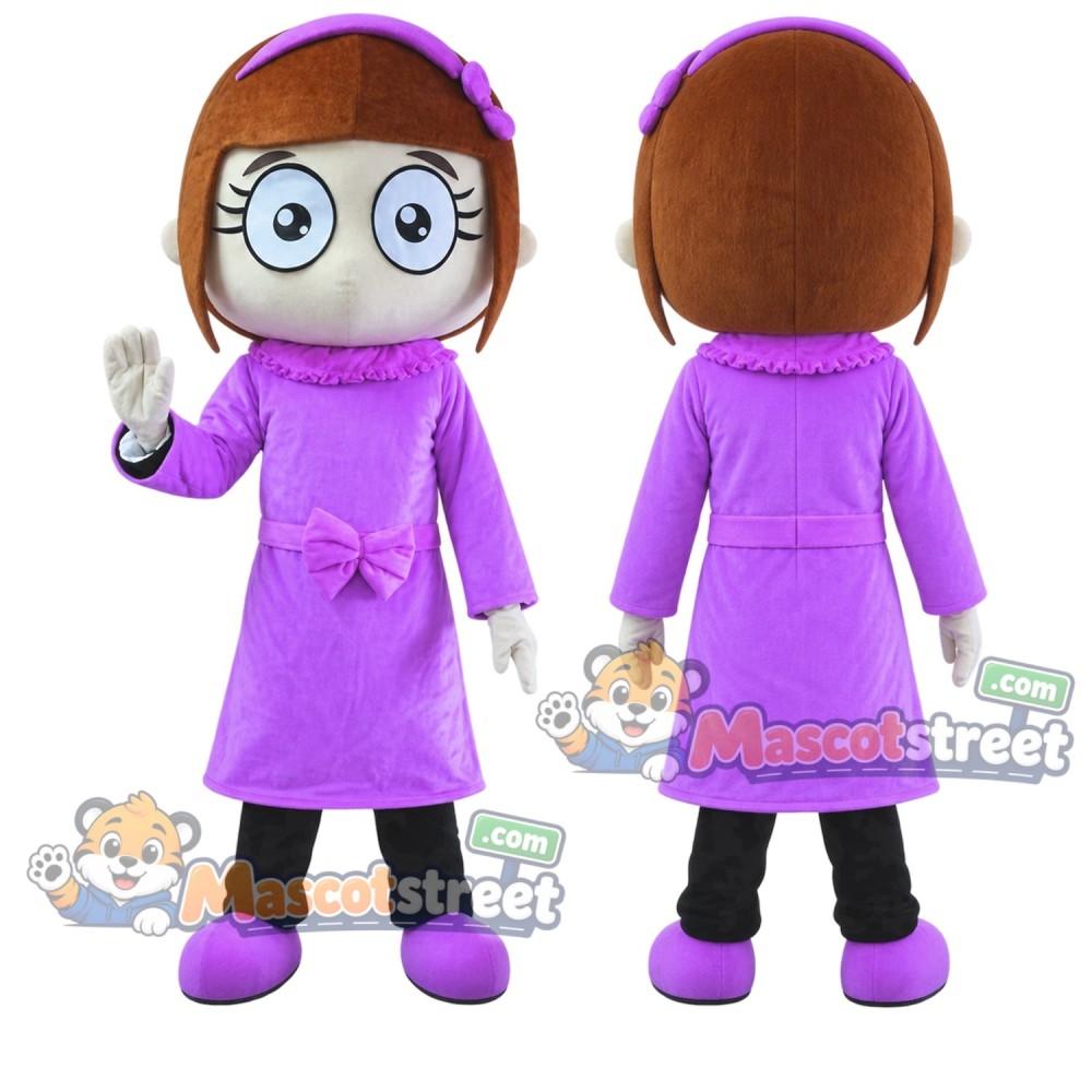 Girl Mascot Costume with Purple Dress and Glasses