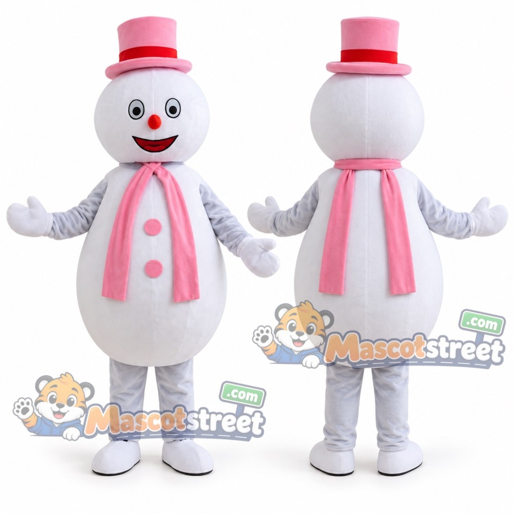 Snowman Mascot Costume with Pink Scarf and Pink Hat