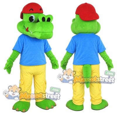 Green Crocodile Mascot Costume with Blue Shirt, Yellow Trousers and Red Cap