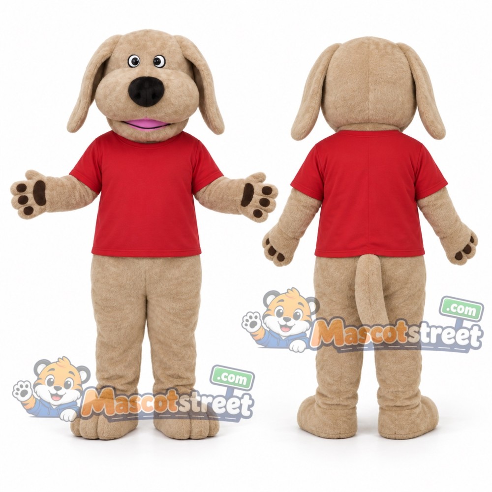 Tan Dog Mascot Costume with Red Shirt
