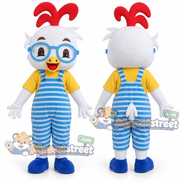 White Chicken Mascot Costume with Yellow Shirt, Blue Striped Overalls and Glasses