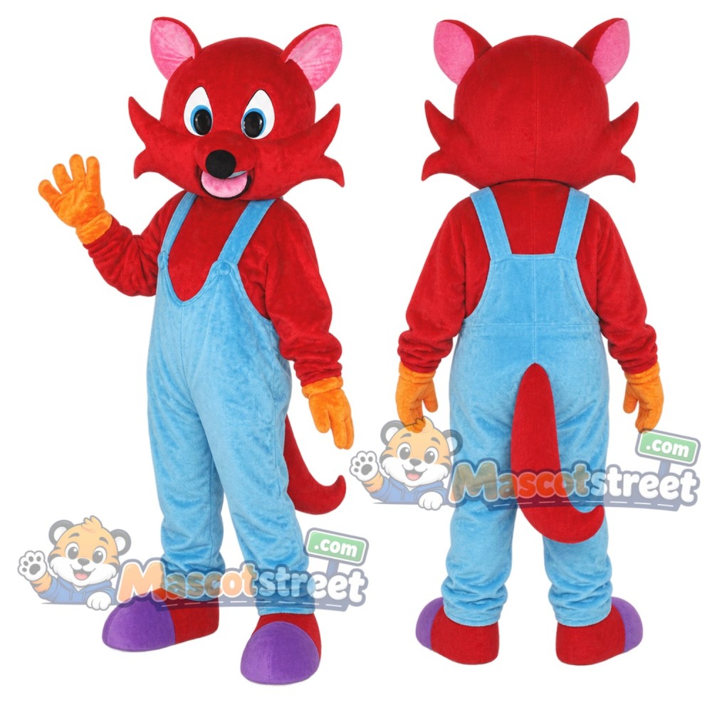 Red Fox Mascot Costume with Blue Overalls Red Fox Mascot Costume with Blue Overalls