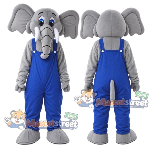 Gray Elephant Mascot Costume with Blue Overalls
