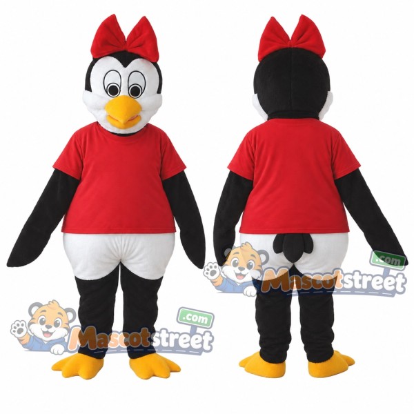Penguin Mascot Costume with Red Shirt and Red Bow